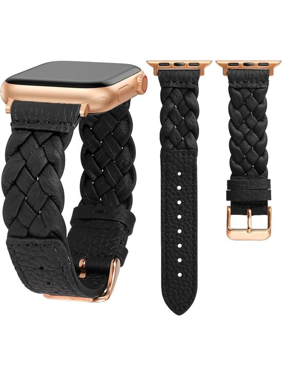 Accessories - Women's Black/Rose Gold Braided Leather Strap Compatible with Apple Wrist Watch